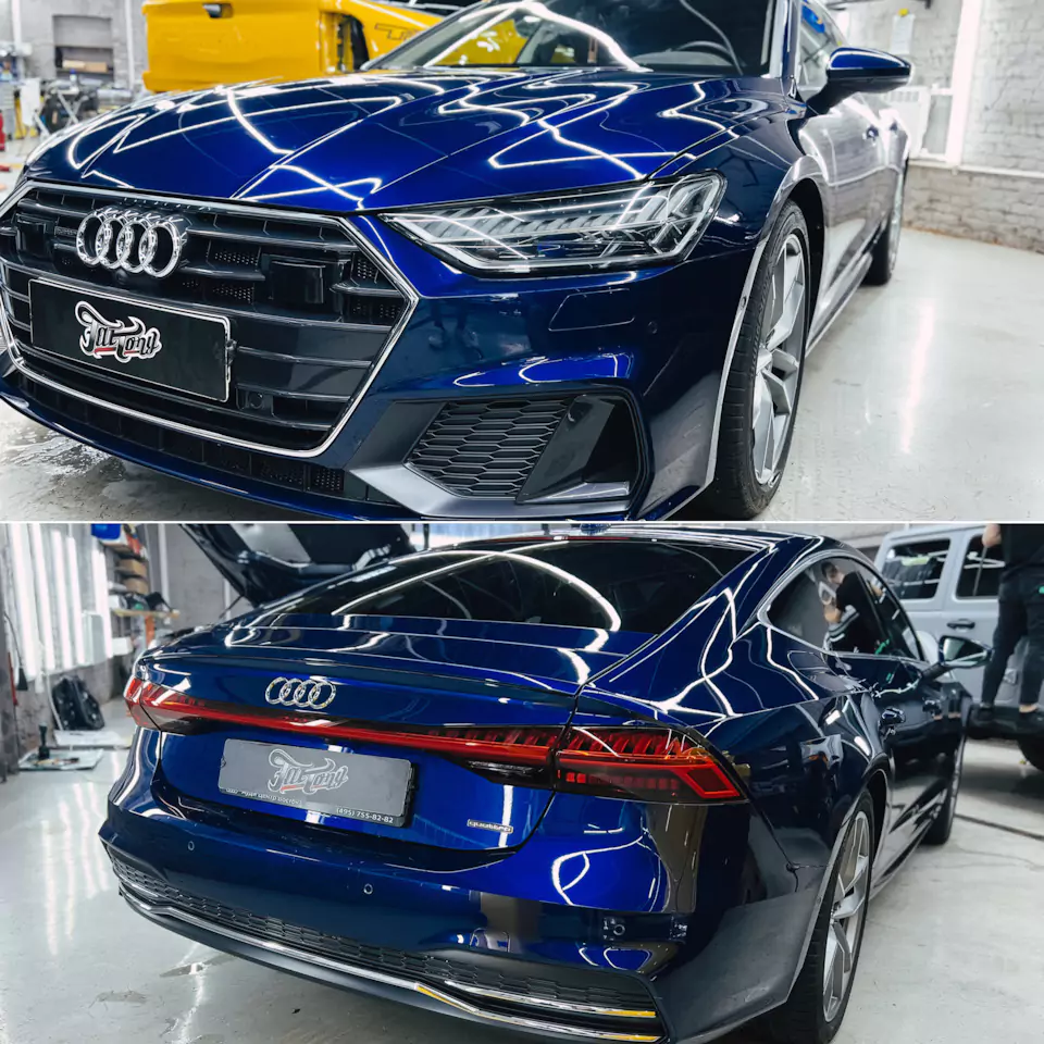Оклеили Audi A7 изумрудным винилом и защитили полиуретаном, окрасили суппорта с логотипами, провели химчистку и обработали кожу керамикой